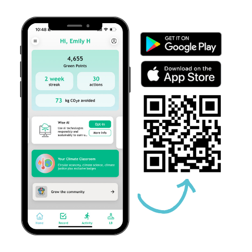 Screenshot of a phone with the Shine Rewards app homescreen on the right and the QR code to download on the left